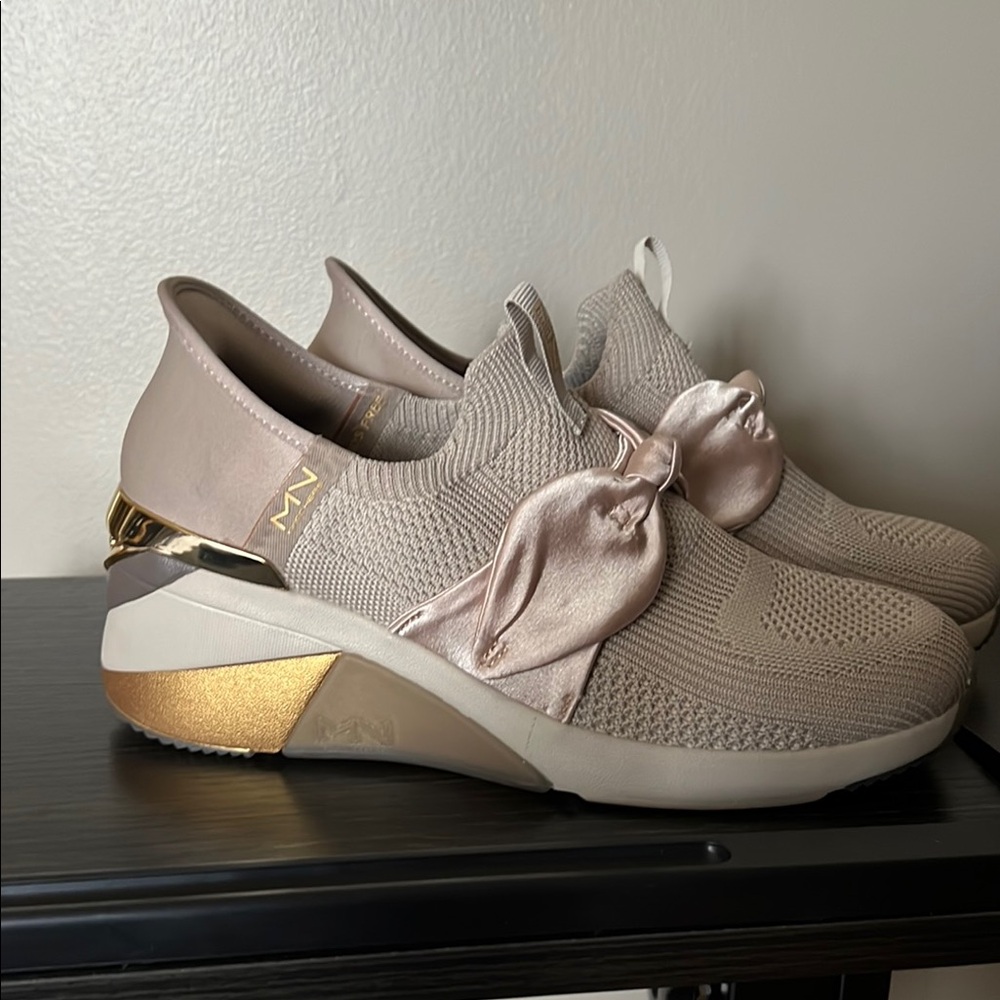 Skechers Gold and Cream Sneakers with Knit Mesh Mark Nason slide in